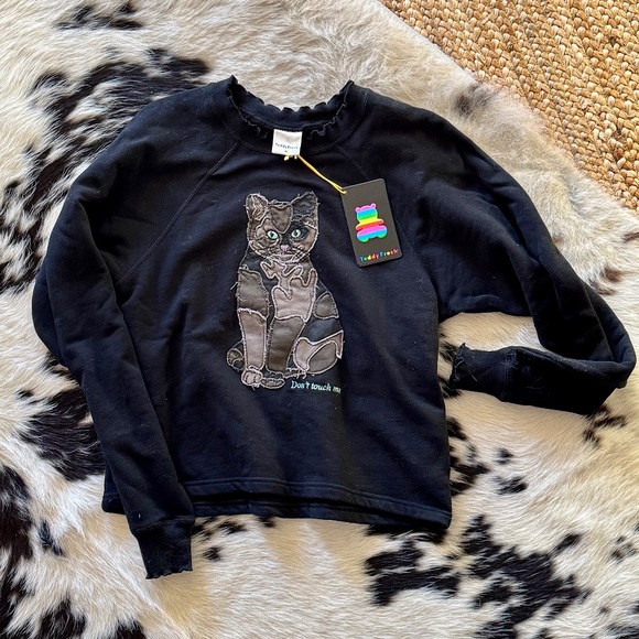 Teddy Fresh Cat Appliqué Crewneck Black "Don't touch me" - Picture 1 of 3
